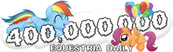 Size: 1000x300 | Tagged: safe, artist:drawponies, derpibooru import, rainbow dash, scootaloo, pegasus, pony, equestria daily, g4, 2013, balloon, banner, cloud, duo, duo female, english, female, filly, floating, foal, happy, image, logo, mare, milestone celebration, old art, open mouth, open smile, png, simple background, smiling, solo, text, transparent background