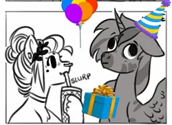 Size: 1834x1337 | Tagged: safe, artist:opalacorn, derpibooru import, oc, oc:silver stream, oc:void, alicorn, pegasus, pony, zebra, zebra alicorn, balloon, birthday, choker, drink, drinking, drinking straw, duo, duo male and female, female, hat, hoof hold, image, jpeg, laurel wreath, male, mare, mole, nose piercing, nose ring, partial color, party hat, piercing, present, slurp, stallion