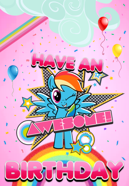 Size: 421x603 | Tagged: safe, artist:marefieber, derpibooru import, rainbow dash, pegasus, pony, awesome, balloon, birthday, birthday card, cheerful, circle, cloud, confetti, cute, female, font, geometric figures, image, looking at you, mare, one eye closed, pink background, png, rainbow, simple background, smiling, smiling at you, solo, spread wings, stars, text, wings, wink, winking at you