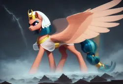 Size: 1216x832 | Tagged: safe, ai content, derpibooru import, generator:civitai, machine learning generated, prompter:nickdisneyfan78, stable diffusion, somnambula, pegasus, g4, cloud, cloudy, female, frown, generator:pony diffusion v6 xl, image, jpeg, lightning, macro, pyramid, solo, solo female