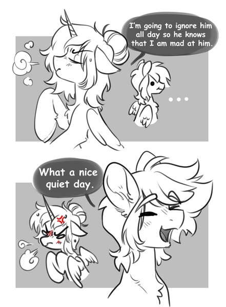 Size: 3013x4096 | Tagged: safe, artist:opalacorn, derpibooru import, oc, oc:asteria, oc:blue skies, unofficial characters only, pegasus, pony, unicorn, ..., 2 panel comic, angry, artificial wings, augmented, black and white, bust, chest fluff, comic, cross-popping veins, dialogue, duo, duo male and female, emanata, eyes closed, female, floppy ears, grayscale, high res, horn, image, jpeg, magic, magic wings, male, mare, monochrome, oc x oc, open mouth, open smile, partial color, shipping, silent treatment, simple background, smiling, speech bubble, stallion, straight, white background, wings