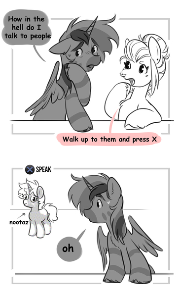 Size: 2400x3941 | Tagged: safe, artist:opalacorn, derpibooru import, oc, oc:nootaz, oc:silver stream, oc:void, unofficial characters only, alicorn, pegasus, pony, unicorn, zebra, zebra alicorn, 2 panel comic, comic, dark genitals, dialogue, female, horn, image, jpeg, male, mare, nose piercing, nose ring, nudity, partial color, piercing, simple background, speech bubble, stallion, trio, white background, zebra oc