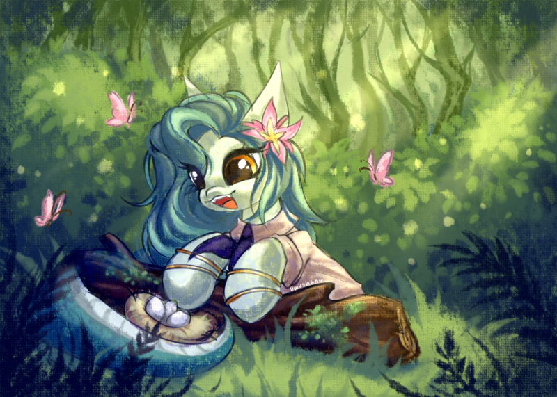 Size: 3500x2500 | Tagged: safe, artist:uwushka, derpibooru import, oc, oc:lamey, unofficial characters only, butterfly, insect, lamia, original species, pony, snake, snake pony, bird nest, bracelet, clothes, complex background, crepuscular rays, egg, female, flower, flower in hair, foliage, forest, gold bracelet, happy, high res, image, jewelry, log, long hair, mare, nature, nest, open mouth, plants, png, signature, smiling, snakepony, solo, tree