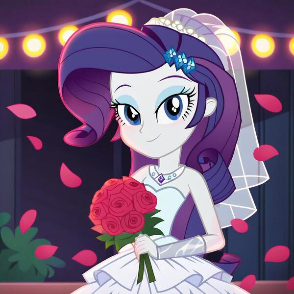 Size: 1024x1024 | Tagged: safe, ai content, derpibooru import, machine learning generated, prompter:harvydraws, stable diffusion, rarity, human, equestria girls, g4, bouquet of flowers, bride, clothes, cute, dress, flower, generator:pony diffusion v6 xl, image, jpeg, lights, looking at you, marriage, petals, rose, smiling, smiling at you, solo, wedding, wedding dress