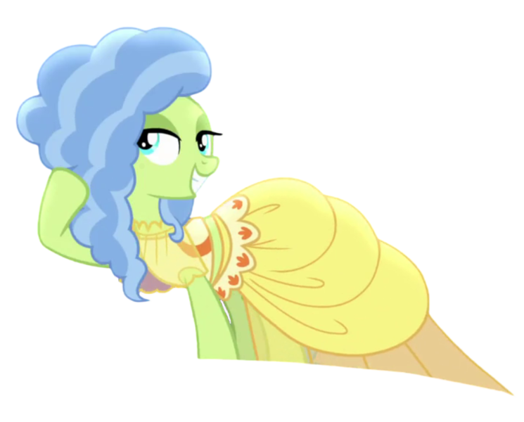 Size: 894x720 | Tagged: safe, derpibooru import, edit, edited screencap, editor:marefieber, screencap, earth pony, pony, g4, honest apple, season 7, clothes, dress, fashion, fashion show, female, gown, image, mare, morning glory (g4), png, raised hoof, simple background, smiling, solo, teeth, transparent background, turned head, yellow dress