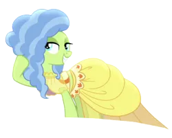 Size: 894x720 | Tagged: safe, derpibooru import, edit, edited screencap, editor:marefieber, screencap, earth pony, pony, g4, honest apple, season 7, clothes, dress, fashion, fashion show, female, gown, image, mare, morning glory (g4), png, raised hoof, simple background, smiling, solo, teeth, transparent background, turned head, yellow dress