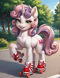 Size: 987x1280 | Tagged: safe, ai content, derpibooru import, machine learning generated, prompter:lagerai, stable diffusion, sweetie belle, pony, unicorn, g4, blushing, bush, chest fluff, ear fluff, female, full body, generator:pony diffusion v6 xl, hoof shoes, horn, image, jpeg, knee blush, lidded eyes, looking at you, mare, older, older sweetie belle, open mouth, open smile, outdoors, park, roller skates, skates, sky, smiling, smiling at you, solo, tree