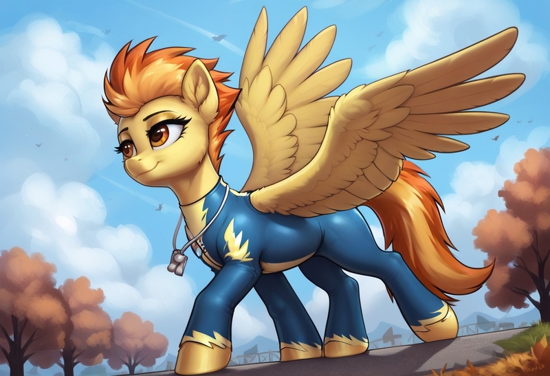 Size: 1216x832 | Tagged: safe, ai content, derpibooru import, machine learning generated, prompter:thelight3d, stable diffusion, spitfire, pegasus, g4, autumn, clothes, generator:pony diffusion v6 xl, image, jpeg, spread wings, tail, uniform, wings, wonderbolts uniform