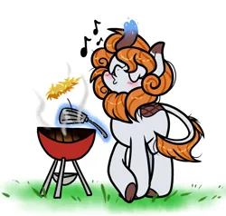 Size: 1000x950 | Tagged: safe, artist:paperbagpony, derpibooru import, oc, oc:smoking oak, kirin, burger, food, grill, hay burger, image, kirin oc, magic, magic aura, music notes, png, spatula, whistling