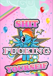 Size: 683x975 | Tagged: suggestive, artist:marefieber, artist:zlatdesign, derpibooru import, edit, rainbow dash, pegasus, pony, g4, angry, circle, cloud, confetti, edgy, female, font, geometric figures, hate, hater, image, looking at you, mare, one eye closed, pink background, png, rainbow, simple background, smiling, smiling at you, solo, spread wings, stars, text, unfunny, vulgar, wings, wink, winking at you