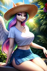 Size: 512x768 | Tagged: safe, ai content, derpibooru import, machine learning generated, prompter:chillyhooves, stable diffusion, princess celestia, alicorn, anthro, breasts, clothes, garden, hat, image, jpeg, shirt, skirt, sun hat, t-shirt