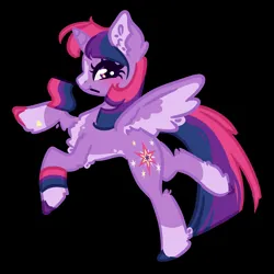 Size: 2048x2048 | Tagged: safe, artist:dovahkiira, derpibooru import, twilight sparkle, twilight sparkle (alicorn), alicorn, pony, g4, bisexual pride flag, black background, chest fluff, coat markings, colored hooves, colored wings, cute, ear fluff, female, flag, holding flag, hooves, image, jpeg, looking at you, mare, mouth hold, pride, pride flag, raised hoof, raised hooves, redesign, side view, simple background, smiling, socks (coat marking), solo, solo female, spread wings, standing, standing on one leg, three toned mane, unshorn fetlocks, wings