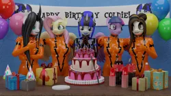 Size: 3840x2160 | Tagged: suggestive, artist:citizenwolf, ponerpics import, fluttershy, twilight sparkle, oc, oc:coldlight bluestar, unofficial characters only, anthro, 3d, birthday, breasts, cake, catsuit, clothes, female, food, gloves, hands together, image, latex, latex gloves, latex suit, looking at each other, png, present, prison outfit