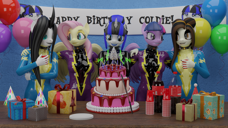 Size: 3840x2160 | Tagged: suggestive, artist:citizenwolf, ponerpics import, fluttershy, twilight sparkle, oc, oc:coldlight bluestar, unofficial characters only, anthro, 3d, birthday, breasts, cake, catsuit, clothes, collar, costume, ear piercing, eyeshadow, female, food, hands together, image, latex, latex suit, lipstick, looking at each other, makeup, piercing, png, present, shadowbolts costume, uniform, wonderbolts uniform