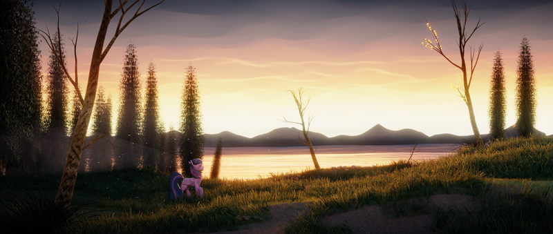 Size: 2360x1000 | Tagged: safe, artist:fluffyrescent, artist:shamanguli, derpibooru import, twilight sparkle, twilight sparkle (alicorn), alicorn, pony, g4, 2d to 3d, 3d, blender, female, image, lake, mare, mountain, mountain range, png, render, scenery, solo, sunset, tree, water