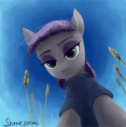 Size: 2607x2627 | Tagged: safe, artist:some_ponu, derpibooru import, maud pie, earth pony, pony, g4, eyeshadow, female, food, image, jpeg, lidded eyes, looking at you, looking down, looking down at you, makeup, mare, offscreen character, pov, signature, sky, solo, wheat