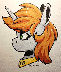 Size: 3181x3691 | Tagged: safe, artist:lrusu, derpibooru import, oc, oc:littlepip, unofficial characters only, pony, unicorn, fallout equestria, bust, clothes, eye clipping through hair, female, high res, horn, image, jpeg, jumpsuit, marker drawing, painting, portrait, side view, solo, traditional art, unicorn oc, vault suit