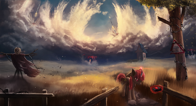 Size: 2600x1400 | Tagged: safe, artist:sylar113, derpibooru import, oc, unofficial characters only, pony, unicorn, button, field, halloween, holiday, horn, image, jack-o-lantern, jpeg, magic, missile, nuclear weapon, pumpkin, scarecrow, scenery, telekinesis, weapon