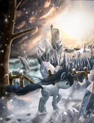 Size: 700x910 | Tagged: safe, artist:sylar113, derpibooru import, oc, unofficial characters only, pony, unicorn, crystal, horn, image, jpeg, scenery, snow, snowfall, solo, tower, winter