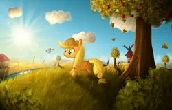 Size: 940x600 | Tagged: safe, artist:sylar113, derpibooru import, applejack, butterfly, earth pony, insect, pony, g4, apple, apple tree, female, food, image, jpeg, mare, scenery, solo, tree, windmill