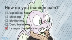 Size: 1200x675 | Tagged: safe, artist:pony-berserker, derpibooru import, spike, bandaid, bandaid on nose, clothes, coat, how do you manage pain, image, jpeg, meme, meme reference, pony-berserker's twitter sketches, pony-berserker's twitter sketches (2024), rain, wet