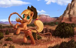 Size: 1920x1203 | Tagged: safe, artist:tsitra360, derpibooru import, applejack, earth pony, phoenix, pony, g4, canyon, female, image, jpeg, lasso, mare, mouth hold, rearing, rope, scenery, solo