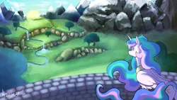 Size: 3265x1837 | Tagged: safe, artist:mentotoothpicks, derpibooru import, princess celestia, alicorn, pony, g4, 4everfreebrony, ear fluff, female, image, lake, looking at something, mare, mountain, no pupils, png, scenery, solo, tree, water, waterfall