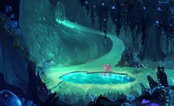 Size: 3000x1825 | Tagged: safe, artist:bananitryi, derpibooru import, pinkie pie, earth pony, pony, g4, too many pinkie pies, cave, female, image, jpeg, mare, mirror pool, reflection, scene interpretation, scenery, scenery porn, solo