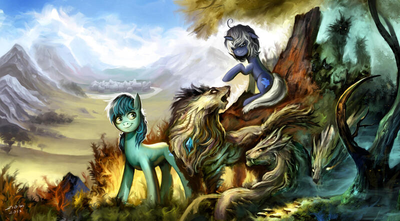 Size: 1920x1060 | Tagged: safe, artist:ziom05, derpibooru import, oc, oc:poison joke, unofficial characters only, earth pony, pony, unicorn, wolf, commission, forest, horn, image, jpeg, male, mountain, nature, scenery, stallion, tree