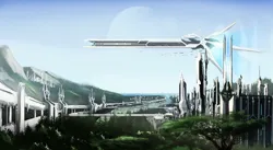 Size: 4375x2400 | Tagged: safe, artist:aidelank, derpibooru import, oc, unofficial characters only, barely pony related, city, empire of feng, forest, image, jpeg, leaves, mountain, mountain range, nature, science fiction, spaceship, structure, tower, tree