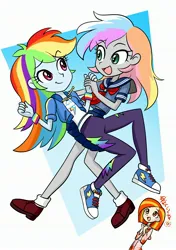 Size: 2162x3070 | Tagged: safe, artist:uotsda, derpibooru import, rainbow dash, oc, oc:poniko, oc:rokuchan, human, equestria girls, g4, female, image, japanese, jpeg, moon runes, simple background, translated in the description, trio, trio female