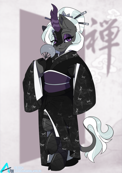 Size: 777x1098 | Tagged: safe, artist:arctic-fox, derpibooru import, oc, oc:jinx kurai, unofficial characters only, dragonfly, insect, kirin, pony, chopsticks in hair, clothes, eye clipping through hair, eyeshadow, fan, female, fishnet clothing, fishnets, hair bun, horn, image, japanese, kimono (clothing), kirin oc, makeup, mare, moon runes, paper fan, png, scales, smiling, socks, solo, stockings, tail, thigh highs