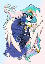 Size: 1205x1713 | Tagged: safe, artist:yukandasama, derpibooru import, princess celestia, princess luna, alicorn, pony, g4, cute, deviantart watermark, duo, female, hoof hold, hug, image, jpeg, looking at you, mare, obtrusive watermark, siblings, sisters, watermark, winghug, wings