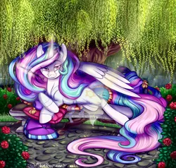 Size: 2100x2000 | Tagged: safe, artist:bluekazenate, derpibooru import, princess celestia, alicorn, pony, g4, female, image, mare, png, smiling, solo, tree