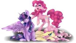 Size: 3265x1837 | Tagged: safe, artist:chocori, derpibooru import, fluttershy, pinkie pie, twilight sparkle, twilight sparkle (alicorn), alicorn, earth pony, pegasus, pony, g4, female, fluttershy is not amused, heart, heart eyes, image, mare, one wing out, open mouth, open smile, png, smiling, trio, unamused, wingding eyes, wings