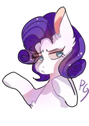 Size: 2480x3507 | Tagged: safe, artist:zheilishiyigepeigen, derpibooru import, rarity, pony, unicorn, blushing, bust, chest fluff, female, horn, image, jpeg, mare, missing horn, simple background, solo, text, white background