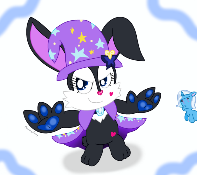 Size: 949x842 | Tagged: safe, artist:harmonybunny2021, derpibooru import, trixie, rabbit, unicorn, accessory theft, animal, cape, clothes, hat, horn, image, jewelpet, luea, png, trixie's cape, trixie's hat