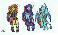 Size: 1145x698 | Tagged: safe, artist:kingnanamine87, derpibooru import, princess ember, sunset shimmer, twilight sparkle, dragon, human, equestria girls, g4, image, jpeg, ride pod, traditional art, worried