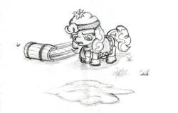 Size: 701x449 | Tagged: safe, artist:jberg18, derpibooru import, pinkie pie, pony, female, filly, filly pinkie pie, image, jpeg, monochrome, sled, solo, younger