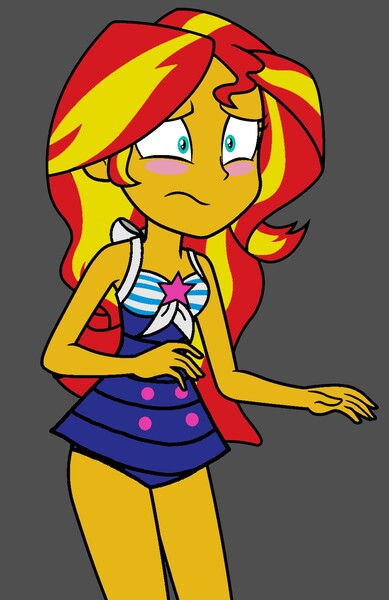 Size: 997x1536 | Tagged: safe, artist:dragonkingamn, derpibooru import, edit, edited screencap, screencap, sunset shimmer, equestria girls, g4, :s, blushing, clothes, image, jpeg, nervous, one-piece swimsuit, sci-twi swimsuit, sleeveless, swimsuit, swimsuit swap, wavy mouth