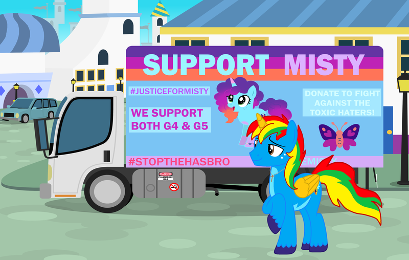 Size: 3787x2403 | Tagged: safe, artist:shieldwingarmorofgod, derpibooru import, oc, oc:shield wing, g4, g5, g5 drama, image, misty brightdawn, png, truck