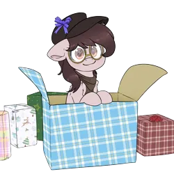 Size: 3000x3000 | Tagged: safe, artist:fluffyxai, derpibooru import, oc, oc:fetch, unofficial characters only, pony, box, hearth's warming, image, png, pony in a box, present, solo