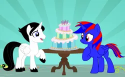 Size: 6000x3700 | Tagged: safe, artist:brightstar40k, derpibooru import, oc, oc:bright star, oc:stephen (stephen-fisher), alicorn, g4, alicorn oc, birthday cake, cake, food, happy birthday, horn, image, male, png, wings