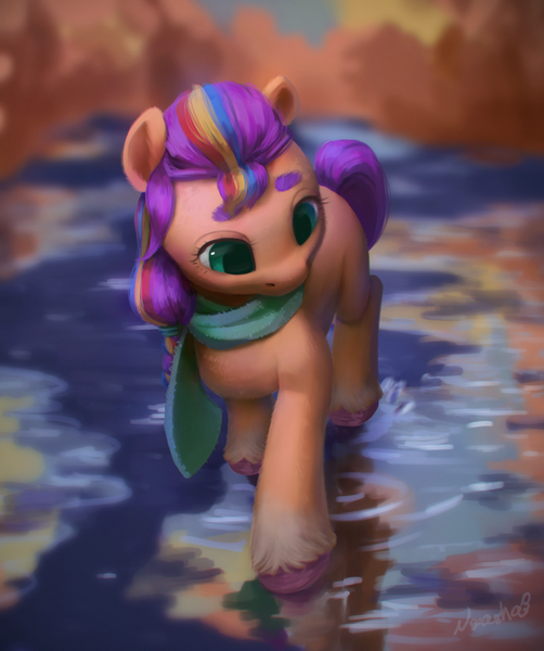 Size: 1808x2160 | Tagged: safe, artist:noasha, derpibooru import, sunny starscout, earth pony, pony, g5, autumn, clothes, female, image, mane stripe sunny, mare, png, puddle, sad, scarf, solo