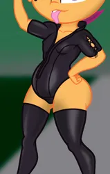 Size: 570x899 | Tagged: suggestive, artist:lefthighkick, derpibooru import, scootaloo, anthro, g4, belly, breasts, clothes, costume, cropped, cutie mark crusaders, female, halloween, halloween costume, holiday, image, latex, latex socks, latex suit, pictures of bellies, png, potbelly, round belly, socks, stockings, thigh highs