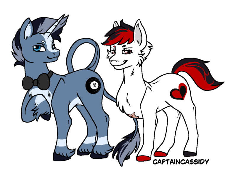 Size: 1240x933 | Tagged: safe, artist:captaincassidy, derpibooru import, oc, oc:break shot, oc:double down, unofficial characters only, earth pony, pony, unicorn, blue coat, blue eyes, disabled, earth pony oc, horn, image, male, pink eyes, png, stallion, unicorn oc, white coat