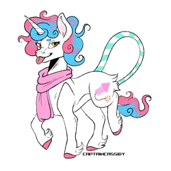 Size: 1300x1300 | Tagged: safe, artist:captaincassidy, derpibooru import, oc, oc:pop rocks, unofficial characters only, unicorn, :p, blue mane, clothes, curly mane, female, fetlock tuft, horn, image, long tail, multicolored hair, multicolored tail, pink mane, png, scarf, tail, tongue out, trans female, transfeminine, transgender, unicorn oc, unshorn fetlocks, white coat