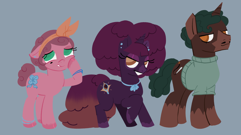 Size: 4000x2252 | Tagged: safe, artist:bouquetofmag, derpibooru import, oc, unofficial characters only, earth pony, pony, unicorn, bow, clothed ponies, ear piercing, facial hair, female, hair bow, horn, image, male, mare, mole, original character do not steal, piercing, pink mane, png, size chart, size comparison, stallion, stallion oc