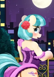 Size: 1476x2110 | Tagged: safe, artist:darksly, derpibooru import, coco pommel, earth pony, semi-anthro, bipedal, bipedal leaning, blushing, butt, city, cityscape, clothes, commission, dress, female, flower, flower in hair, full moon, human shoulders, image, jpeg, leaning, looking at you, looking back, looking back at you, moon, night, off shoulder, plot, railing, solo