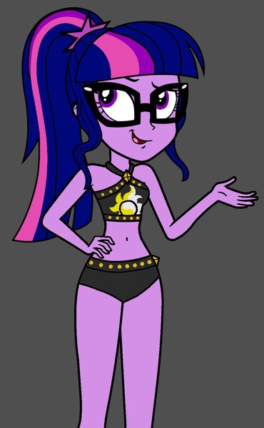 Size: 946x1536 | Tagged: safe, artist:dragonkingamn, derpibooru import, edit, edited screencap, screencap, sci-twi, twilight sparkle, equestria girls, bare arms, bare legs, bare shoulders, bikini, bikini bottom, bikini top, clothes, clothes swap, diamond, glasses, hand on hip, hand out, image, jpeg, meh, open mouth, open smile, ponytail, smiling, smirk, studs, sunset shimmer's beach shorts swimsuit, swimsuit, swimsuit swap